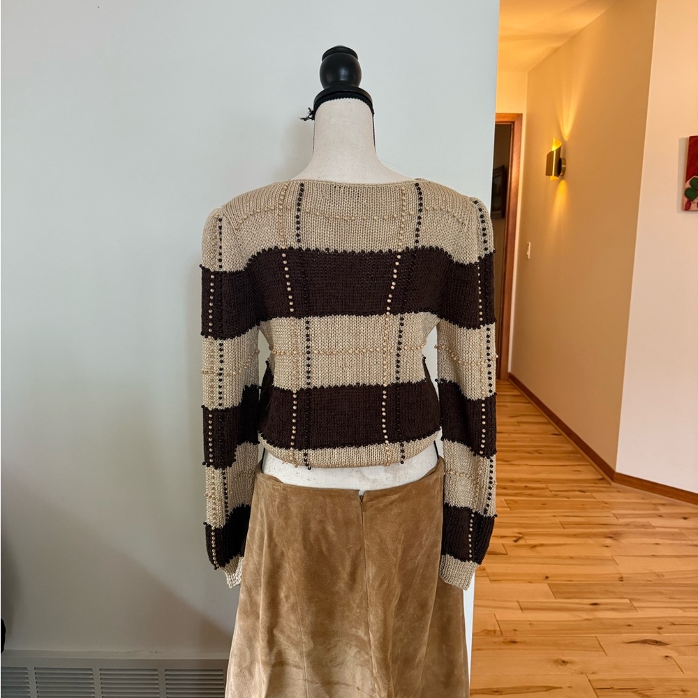 Chocolate Brown and Cream Striped Sweater w tiny wooden beads- Vintage Nannell - Picture 8 of 15